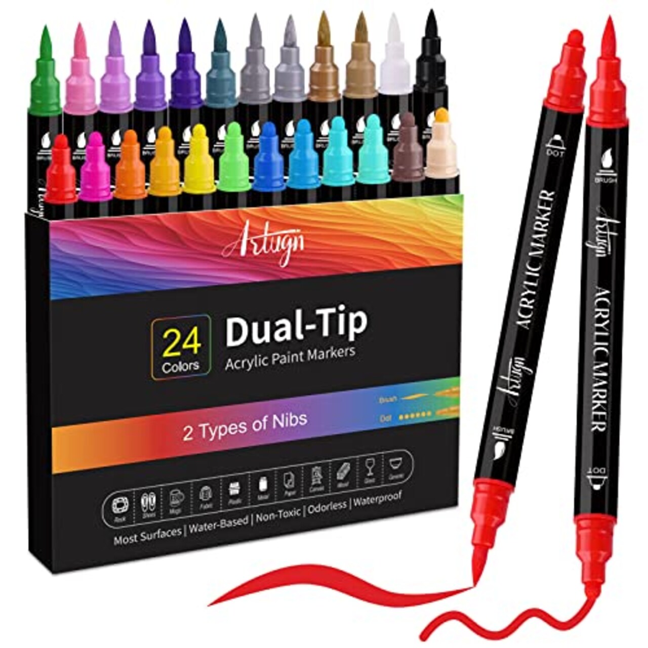 24 Colors Acrylic Paint Pens, Dual Tip Pens With Medium Tip and